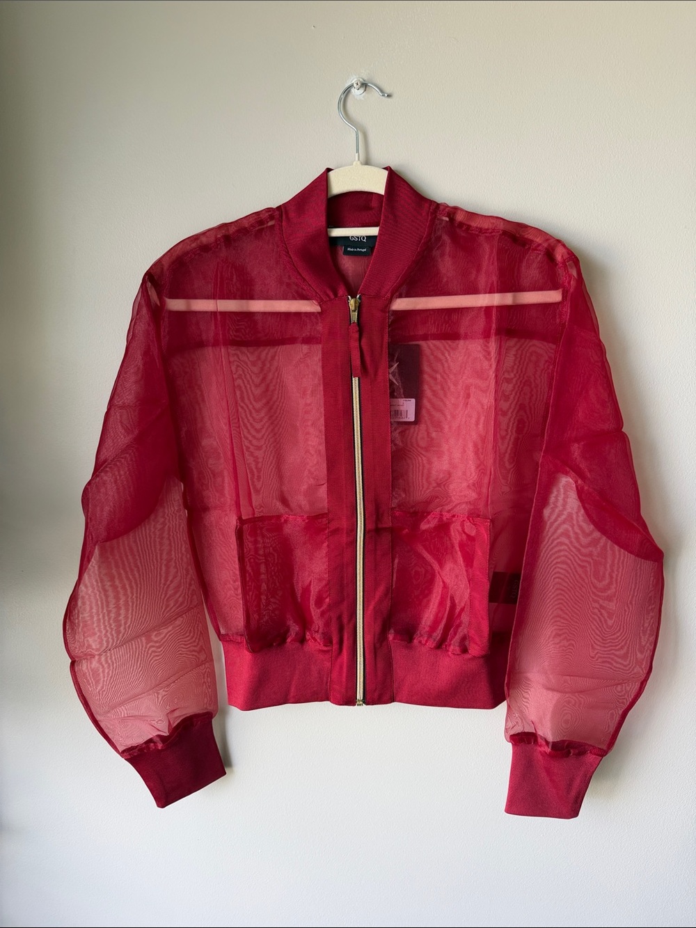 GSTQ Sheer Red Bomber Jacket with Zip Women’s S